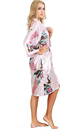 Asian Home Flower Peacock Satin Silk Kimono Robe, Dressing Gown, Bridal, Gift (Pink)