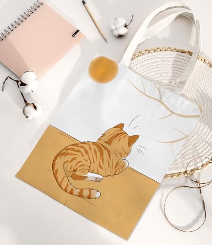 Image of Cute Cat Canvas Tote Bag for Women, Aesthetic Reusable Shoulder Bag for Shopping Travel Work