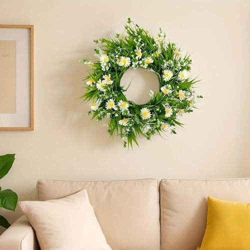 White Daisy Wreath with Eucalyptus Leaves for Front Door,Artificial Spring Summer Floral Decor for Window and Wall,Faux Lavender Garland for Farmhouse Wedding Festival