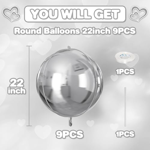 Image of 9 Pcs Silver Round Foil Balloons,22 Inch Metallic Silver Round Balloons | Silver Giant 4D Round Ball Balloons For Graduation Birthday Wedding Anniversary New Year Disco Party Decorations