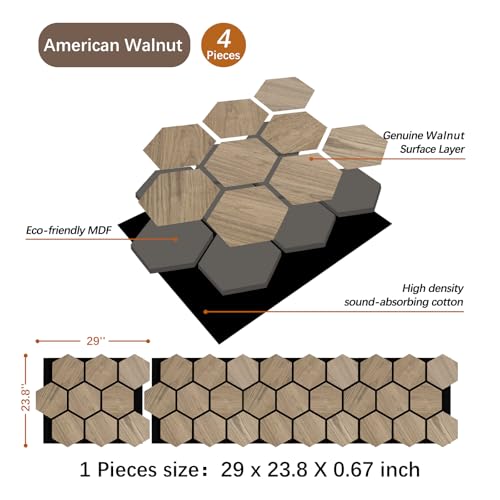 Wood Slat Wall Panel - 4 Pack Wood Panels for Wall - 23.6" x 23.6" Sound Absorbing Acoustic Panels - Natural Walnut Veneer Acoustic Wall Panels