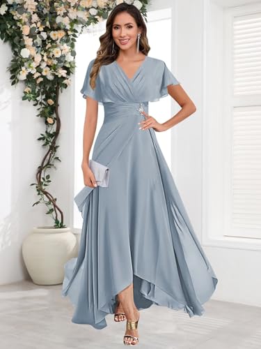 Tea Length Mother of The Bride Dresses with Sleeves Chiffon V Neck Wedding Guest Evening Gowns2