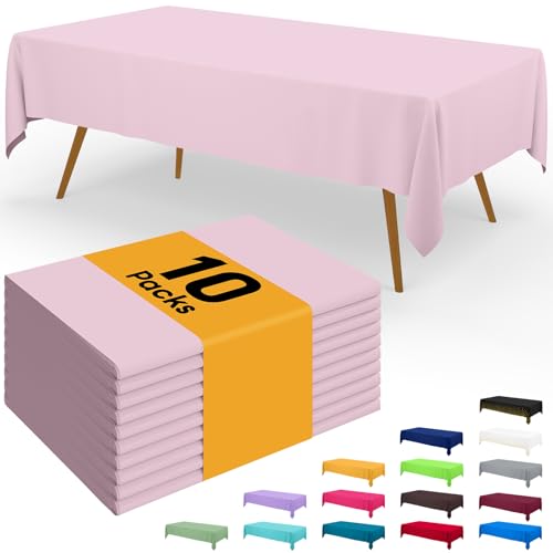 Image of Smiry Disposable Table Cloth - 10 Pack, 54 x 108 Inch Waterproof Rectangle Tablecloths for Easter Party, Valentines & Mothers Day Decorations, Decorative Plastic Table Cover, Leakproof & Sturdy, Pink