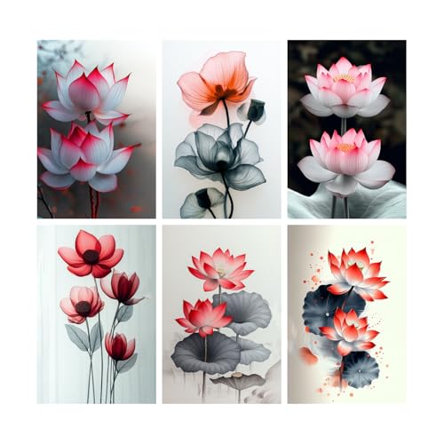 Image of SiddArtify Lotus Flower Wall Art Poster Print Set - Botanical Floral Decor for Living Room Bedroom Office - 12x18 inch Sticker Pack of 6