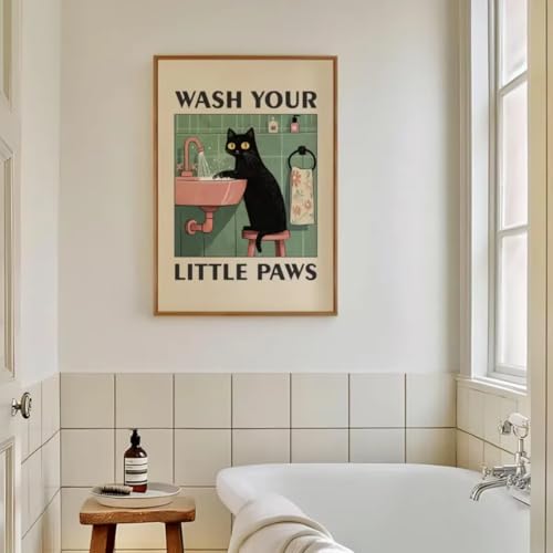 Affiche moderne et humoristique de chat pour habiller un mur de douche vide