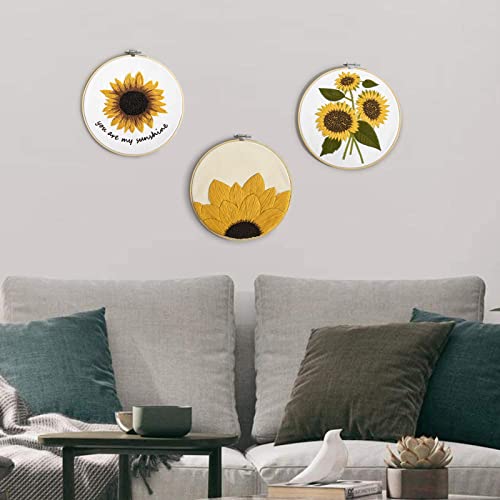 Armindou 3 Sets Embroidery Starter Kits With Sunflower Pattern For Adults Beginners, Floral Stamped Cross Stitch Kit Hand Diy Needlepoint Kit, 3 Embroidery Hoops, 3 Embroidery Fabric, Needles, Threads #TOP4