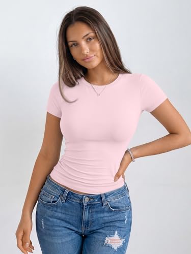 Image of Trendy Queen Womens Basic T Shirts - Stretchy Soft Slim Fit Short Sleeve Y2k Cute Summer Crop Workout Tops