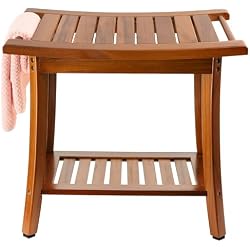 Utoplike Teak Shower Bench Seat with Handles, Portable Wooden Spa Bathing Stool with Storage Towel Shelf, 22