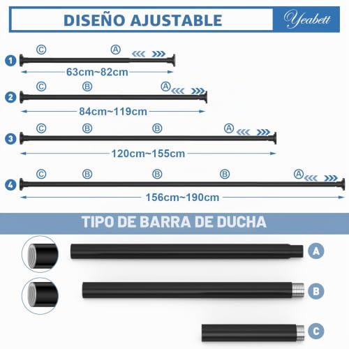 Miniatura 2 de Yeabett Barras Extensibles Para Cortinas, 48-190,5cm Barras De Tensión Para Cortinas, Barra Telescópica Para Cortinas Para Baño O Ventanas, Sin Taladrar, Antideslizante, No Se Oxida, Negro