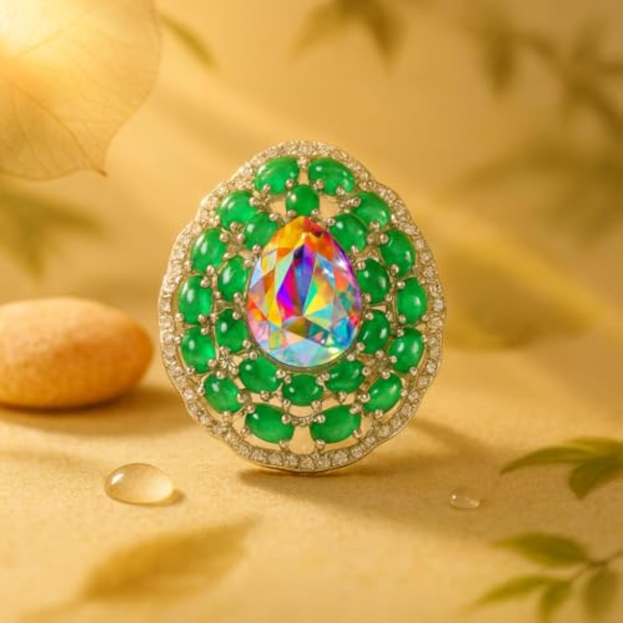 Women's Iridescent Gem & Emerald Halo Ring