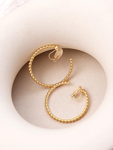 Image of FAN&LOUIS 24K Gold Plated Hoop Clip On Earrings for Women, Gold Beaded Hoop Trendy Hypoallergenic Non Pierced Earrings Painless Lightweight 38mm Clip-On Earrings
