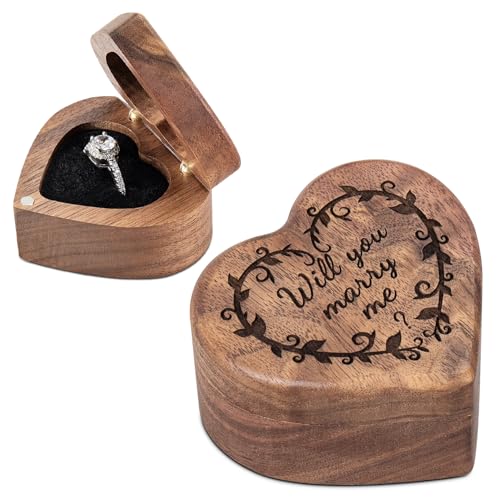 Wislist Engagement Proposal Ring Box Secret Slim Hidden Wooden Heart Shaped Engraved Case Ring Bearer Box Holder (Will you marry me)