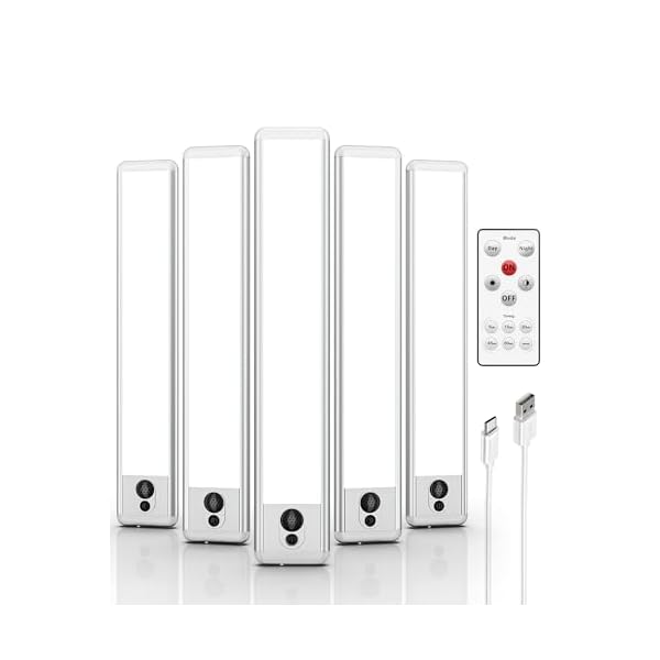 EZVALO Under Cabinet Lights, LED Closet Lights Wireless USB Charging, Motion Sensor Lighting Indoor 5700K Dimmable with Remote Control (White) 5 Pack
