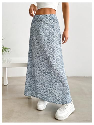 Women's Ditsy Floral Maxi Skirts Elastic High Waisted Flared Hem Summer Beach Long Skirt4