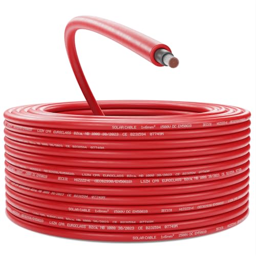 deleyCON 50m Solarkabel 6mm² - Hochwertiges Photovoltaik-Kabel für PV-Anlagen - UV-Beständig Halogenfrei für 1kV AC 1,5kV DC - Ideal für Feste Verlegung und PV-Steckkontakte - Rot