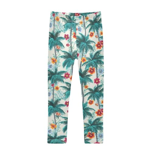 Palm Trees Hibiscus Flowers Girls Leggings Ultra Soft Compression Yoga Gym Pants for Kids 4-10T