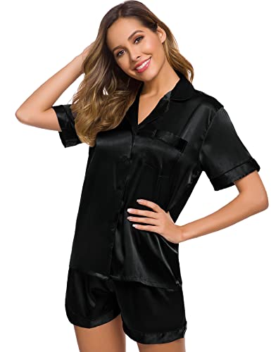 Image of SWOMOG Womens Silk Satin Pajamas Set Short Sleeve Sleepwear Button Down Top and Shorts Loungewear 2 Piece Pjs Set XS-3XL