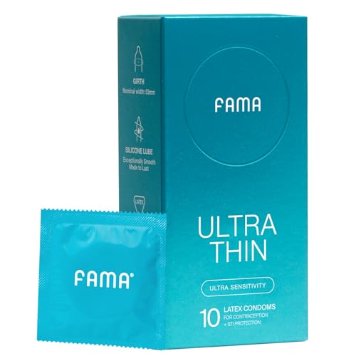 Best Condoms for Sensitive Ph Balance: Safe and Comfortable 4 FAMA Ultra Thin Condoms – 0.04mm, Extra Lubricated, 25% Thinner Natural Latex, 36 Pack, FDA-Cleared, 53mm Diameter, Hypoallergenic, Odorless, Long-Lasting Comfort (10 Pack)