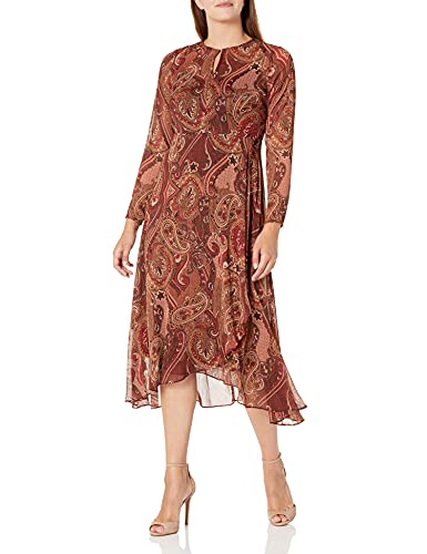 Image of Tommy Hilfiger Women's Long Sleeve Keyhole Neck Chiffon Hi-lo Midi Dress