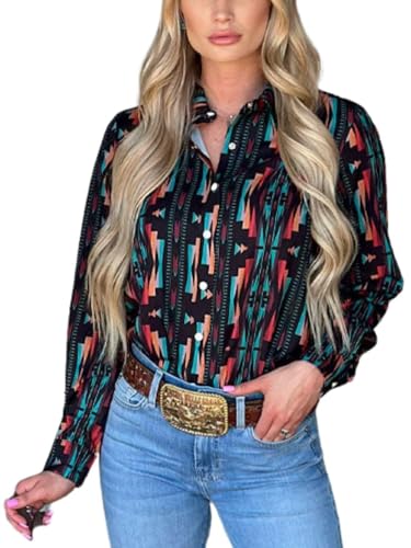 Womens Retro Aztec Pearl Snap Shirts Lapel Button Up Blouse Long Sleeve Cowgirl Ethnic Print Rodeo Western Tops