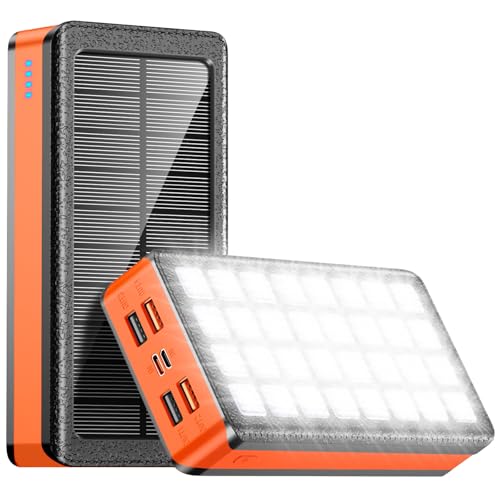 Aeecestore Solar Charger Power Bank 66800mAh Portable Charger with USB-C in/Output 22.5W QC3.0 Fast Charging 5 Out Ports Battery Pack Built-in 32 Led Flashlights for iPhone Samsung Tablet Camping