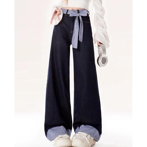 Fashion High Waisted Straight Leg Jeans Y2K Casual Cute Plaid Bow Tie Drawstring Patchwork Denim Pants2