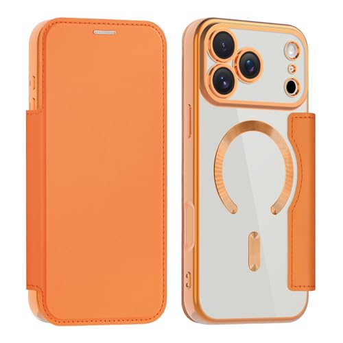IMEIKONST Magnetische Hülle für iPhone 17 Pro Kompatibel mit MagSafe, Premium PU Leder Flip Kartenhalter Clear Stoßfest Schutzhülle Handyhülle für iPhone 17 Pro. Orange JDCX