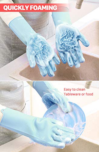 ANZOEE Reusable Silicone Dishwashing Gloves, Pair of Rubber Scrubbing Gloves for Dishes, Wash Cleaning Gloves with Sponge Scrubbers for Washing Kitchen, Bathroom, Car and More (Gray) (Blue)