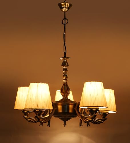 Image of Devansh 05-Light Conical Off-White Cotton Shade Chandelier - Antique Golden Finish | Adjustable Cord | Warm Glow Lamp - Ceiling Light for Living Room, Dining Area, Bedroom & Entryway Decor - D9