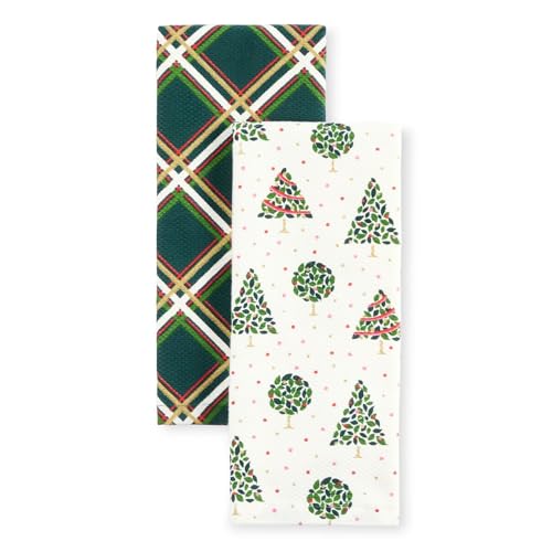Kate Spade New York Holiday Confetti Acrobat Plaid Holiday Kitchen Towels 2 Pack Set 100 Cotton with Metallic Print Lint Free Absorbant CreamGreen 17×28