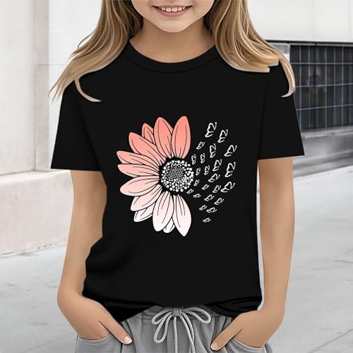 Girls Loose Fit Sunflower Graphic T Shirts Short Sleeve Crewneck Cute Pattern Printed Tops Kids (B-Black, 12-13 Years)4
