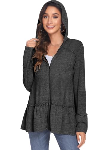 Image of DEESHA Plus Size Zip Up Hoodie for Curvy Women Spring Ruffle Hooded Sweatshirts Jacket Cardigans Lightweight