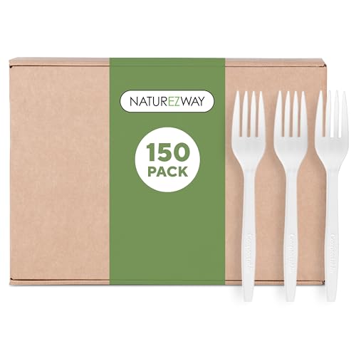 100% Compostable Forks by Naturezway - Pack of 150 - Eco-Friendly Disposable Cutlery, Sturdy & Durable Utensils for Parties, Picnics, and Everyday Use, Tree Free, Heat Resistant