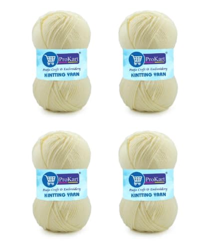 Image of ProKart Premium 4 Ply Wool Yarn, Soft Knitting & Crochet Yarn for Sweaters, Scarves, Hats, Baby Clothes, Purses, Gift Bags and DIY Craft Projects. Cream /Off-White Color, 100g x 4 Balls.