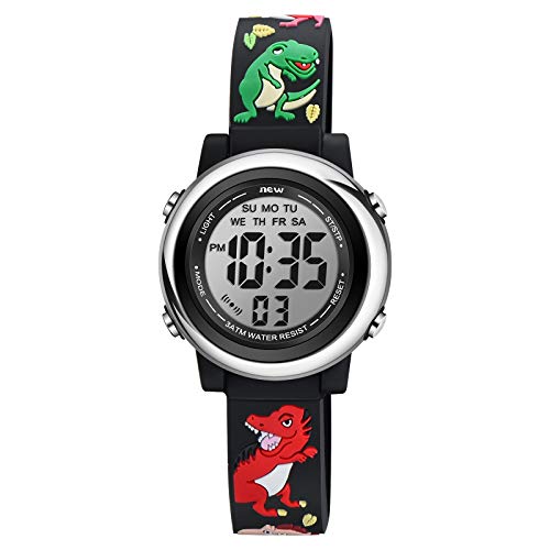 Venhoo Kids Watches For Boys 3D Cartoon Waterproof Silicone 7 Color Flashing Lights Children Toddler Wrist Watch For Boys Little Child-Black Dinosaur #TOP5