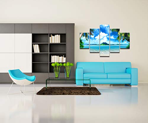 Seaside Modern Painting 5 Piece Canvas Multi Panel Palm Tree Wall Art,Navy Blue Sky Hd Prints Pictures Giclee Artwork For Living Room Home Decor Wooden Framed Stretched Ready To Hang(60''Wx40''H) #TOP4