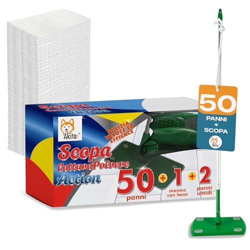 Akitaink Kit Scopa Con 1 Manico + 50 panni Panni Di Ricambio, per catturare e Intrappolare la polvere + 2 panni umidi per lavare - Pulizia Profonda e Senza Sforzo