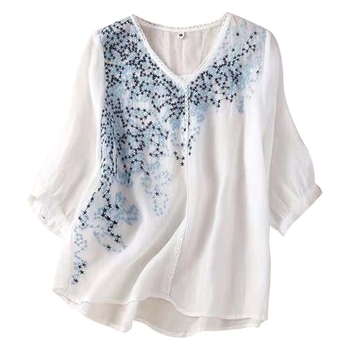 Blusas italianas con ribete de encaje bordado, estilo boho holgado, blusa cómoda de algodón y lino, media manga, tops de mujer sin vientre, Blanco, L