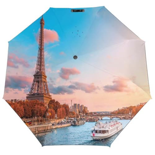 Windproof Travel Umbrella,Paris And The Eiffel Tower Seine River With Cruise Tourist Ships,Strong Wind Resistant Compact Folding Auto Umbrella For Men And Women