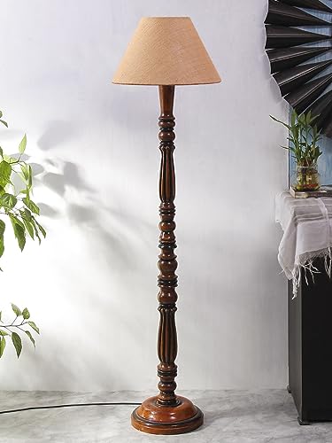 Image of Beige Jute Shade Wooden Floor Lamp with Wooden Base, Height - 53 Inches | Contemporary Standing Lamp for Living Room, Bedroom & Office | Elegant Lighting for Stylish Home Interiors