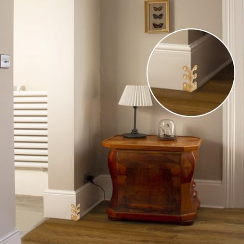 Image of 6Pcs Brass Corner Protectors Vintage Metal Wall Decorative Corner Protector Skirting Baseboard Corner Covers Dust Corners for Tirm Furniture Walls Wood Box Edge Clear Frames Protect (Gold)