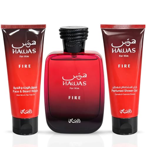 Image of RASASI Hawas Fire For Men 3 Piece Gift Set Eau De Parfum Spray, Face & Beard Wash & Shower Gel 100ml (3.4 Oz)