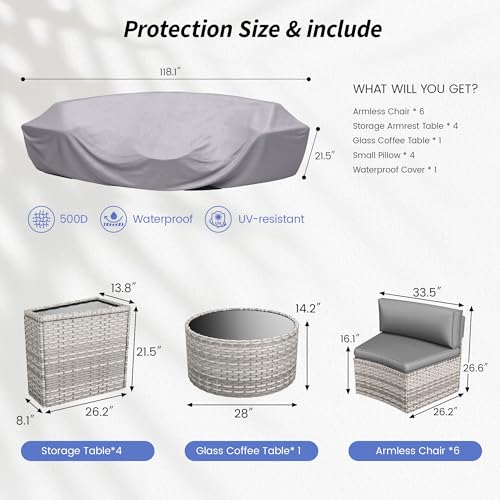 VONZOY Patio Sectional Furniture, Outdoor 7-Piece Grey Rattan Curved Sofa Set, Curved Patio Furniture with Coffee Table, Pillow, Without Side Table, Fit for Pool Backyard Balcony Porch Lawn (Grey)