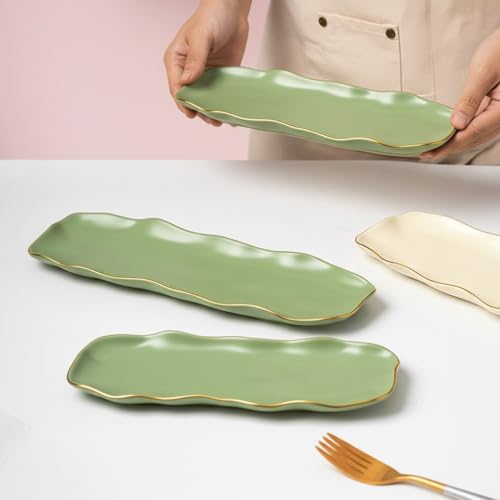 Image of Beyond Homes Ceramic Sushi Serving Tray Set of 3 | 12 Inch Long Rectangular Platter | Microwave & Dishwasher Safe | Modern Appetizer Serving Plates for Snack, Dimsum, Momo, Dessert &, Green