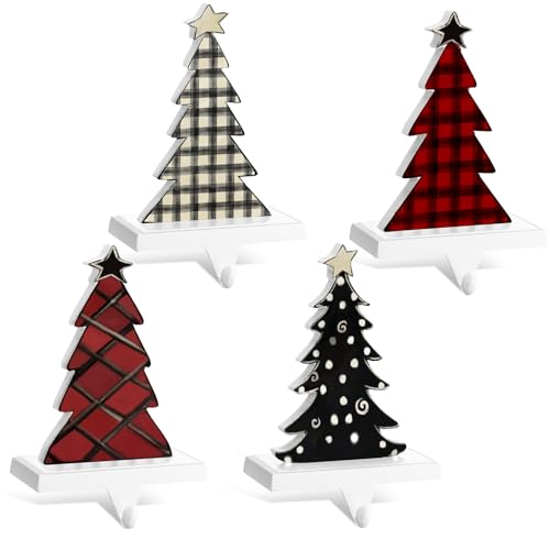 Hicarer Set of 4 Christmas Stocking Holders for Mantle Metal Wooden Stocking Hanger Farmhouse Rustic Stocking Hooks for Fireplace Mantel Decorations Holiday Party(Xmas Tree)