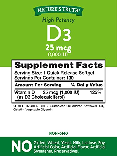 Nature's Truth Vitamin D3 1000 Iu | 130 Softgels | High Potency D | Non-Gmo, Gluten Free, Soy Free #TOP1