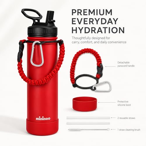 Image of mininoo 24 oz Insulated Stainless Steel Water Bottle with Straw, Red