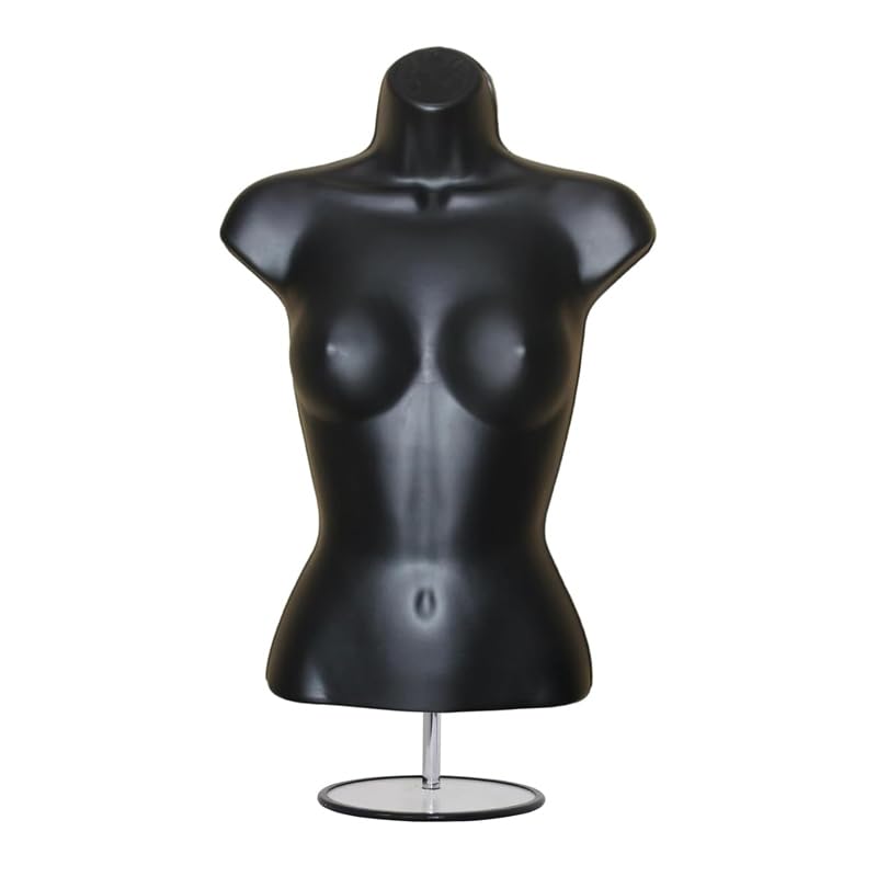 Female Hanging Mannequin Half Body Form 3/4 (3 Quarter) Bust Shop Display With Round Stand (Black)