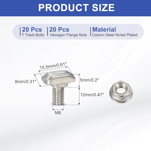 PATIKIL M6 x 14 mm T-Nuten Schrauben, 20 Sets Drop-in Bolzen Hammerkopf mit Sechskantflanschmuttern T-Bolzen Stift Schiebeschraube für 30er Serie Aluminium-Extrusionsprofil, Silber