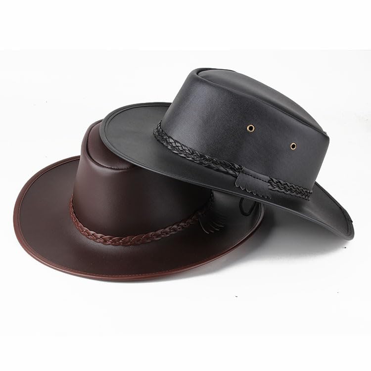 Cappello da cowboy occidentale in vera pelle, unisex, a tesa larga, con fibbia, confezione regalo